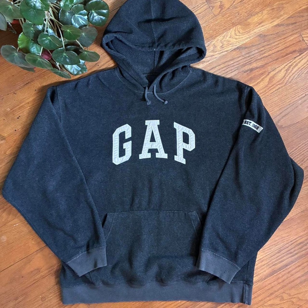 Vintage GAP Spellout Sherpa Hoodie Mens Large Gray Fleece EST 1969 Sweatshirt